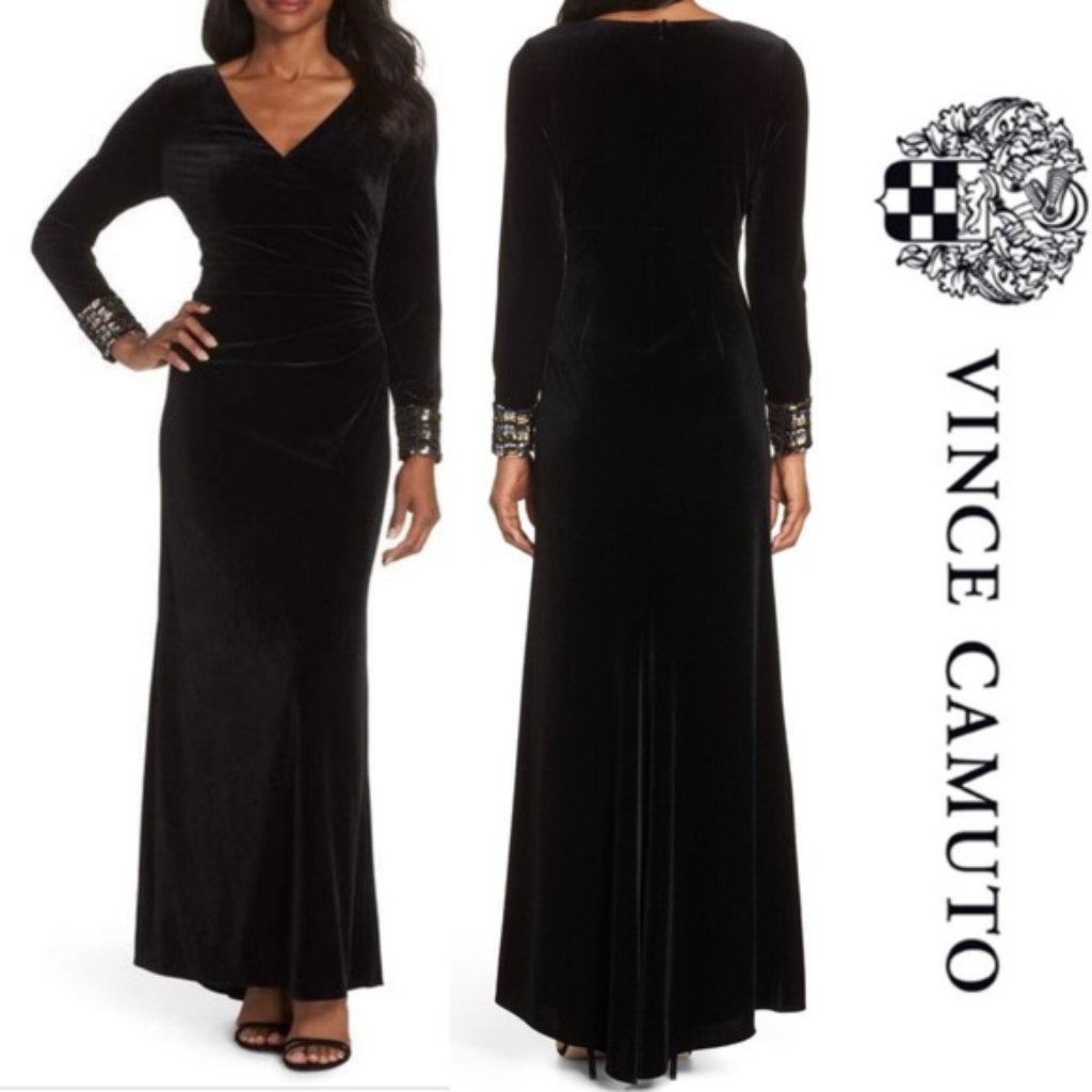 Vince Camuto Black Velvet Draped Gown Sequin Cuffs Size 12 Euc
